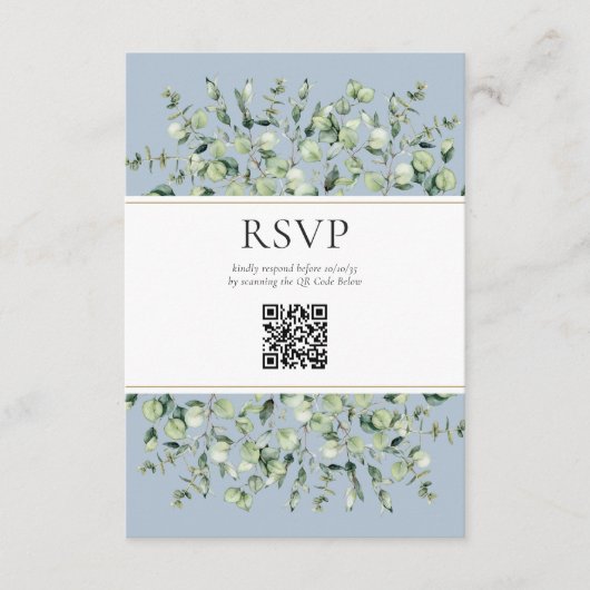 ダスティブルーユーカリQRコード結婚式RSVP エンクロージャーカード (正面)