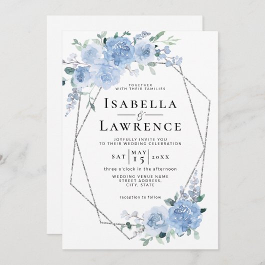 ダスティブルーライトフローラシルバージオメトリック結婚ス 招待状 (正面/裏面)