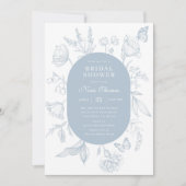 ダスティブルーラインアートフローラバタフライブライダルシャワー 招待状 (正面)