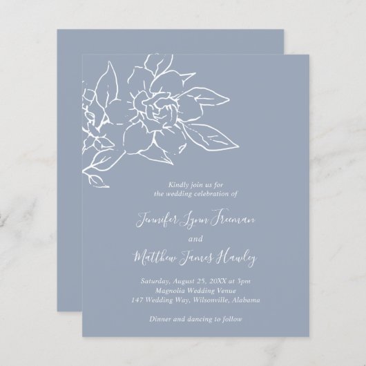 ダスティブルーラインアートフローラ予算の結婚式の招待 (正面/裏面)