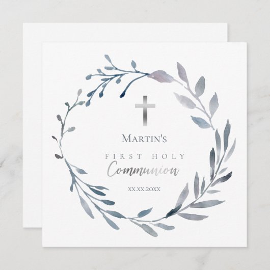 ダスティブルーリースファーストホーリーコミュニオン招待状 招待状 (正面/裏面)