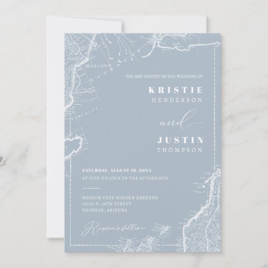 ダスティブルーレトロ旅行QRコードフォト結婚ズ 招待状 (正面)