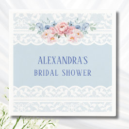 ダスティブルーロマンティックピンクピーニーレースブライダルシャワー スタンダードカクテルナプキン