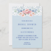 ダスティブルーロマンティックピンクフローラレースブライダルシャワー 招待状 (正面)