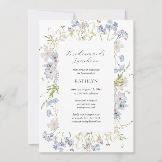 ダスティブルーワイルドフラワーのブモダンリデスメイド昼食会 招待状 (正面)