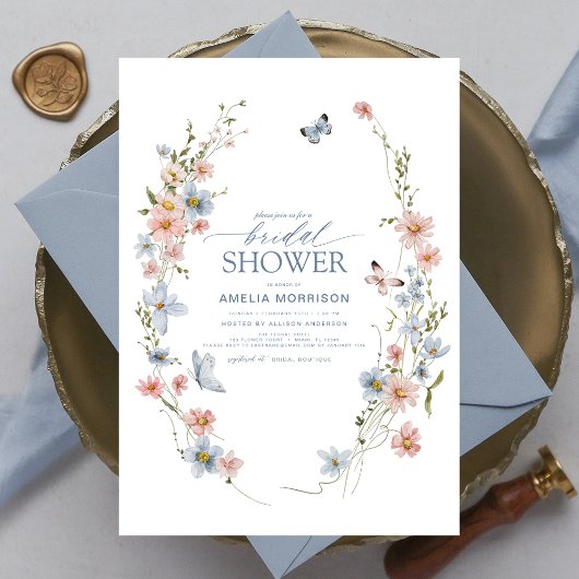 ダスティブルーワイルドフラワーガーデンヴィンテージブライダルシャワー 招待状