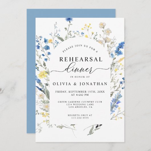 ダスティブルーワイルドフラワーズフローラリハーサルディナー 招待状 (正面/裏面)