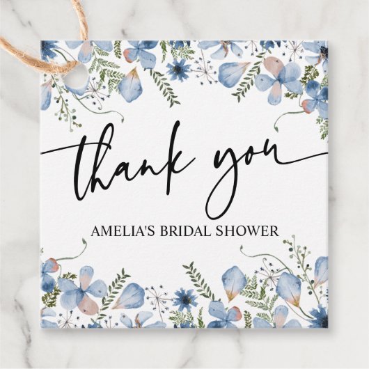 ダスティブルーワイルドフラワーズブライダルシャワーメッセージカード フェイバータグ (正面)