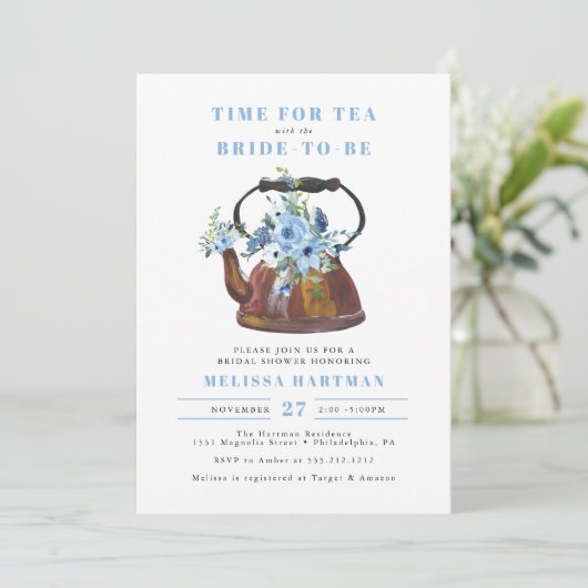 ダスティブルーワイルドフラワーティーパーティーブライダルシャワー 招待状 (スタンド正面)