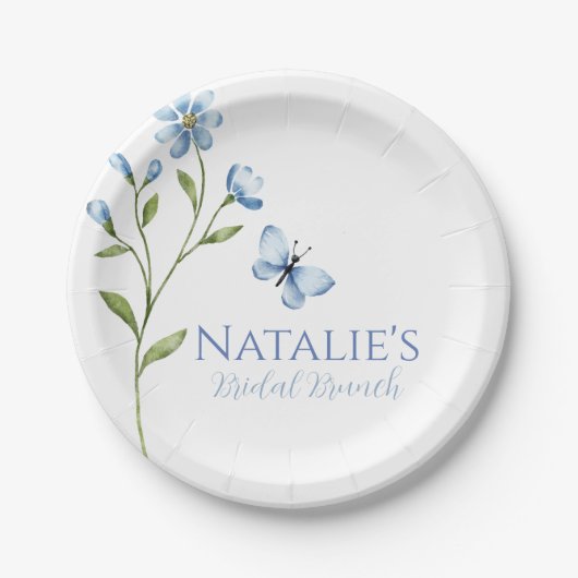 ダスティブルーワイルドフラワーパーソナライズされたブライダルシャワー ペーパープレート (正面)