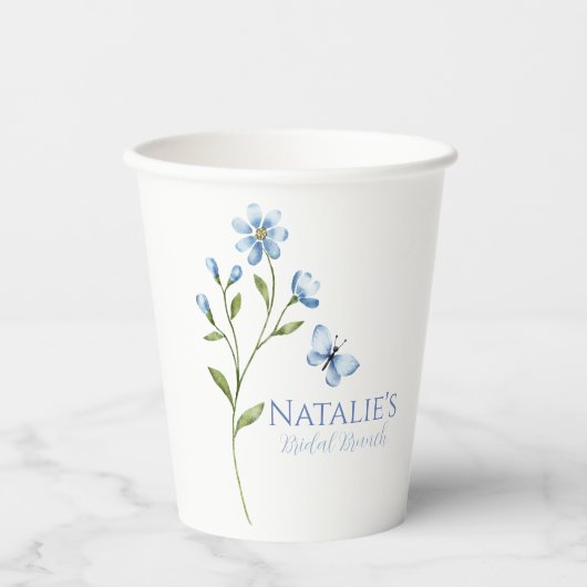 ダスティブルーワイルドフラワーパーソナライズされたブライダルシャワー 紙コップ (正面)