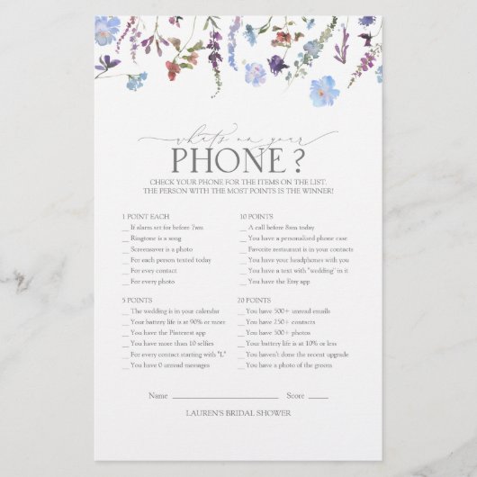 ダスティブルーワイルドフラワーブライダルシャワーゲーム (正面)