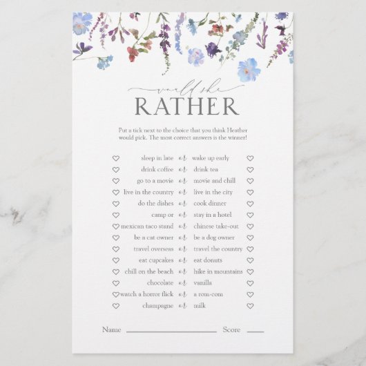 ダスティブルーワイルドフラワーブライダルシャワーゲーム (正面)