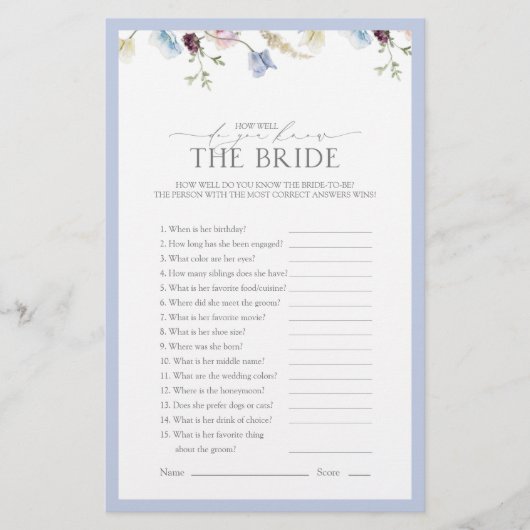 ダスティブルーワイルドフラワーブライダルシャワーゲーム (正面)