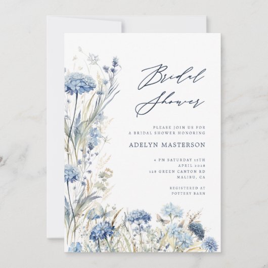 ダスティブルーワイルドフラワーブライダルシャワー招待状 招待状 (正面)