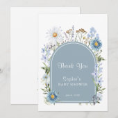ダスティブルーワイルドフラワーベビーイン開花ベビーシャワー サンキューカード (正面/裏面)