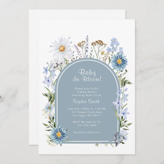 ダスティブルーワイルドフラワーベビーイン開花ベビーシャワー 招待状 (正面/裏面)