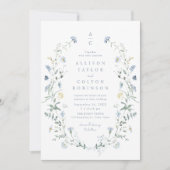 ダスティブルーワイルドフラワーボホ素朴のモノグラ結婚ム 招待状 (正面)