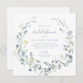 ダスティブルーワイルドフラワーボ素朴ホブライダルシャワー 招待状 (正面/裏面)