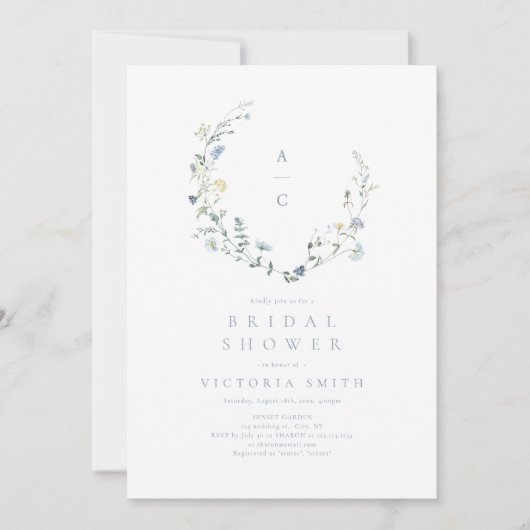ダスティブルーワイルドフラワーボ素朴ホブライダルシャワー 招待状 (正面)