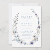 ダスティブルーワエレガントンドフラワーリース結婚ズ 招待状 (正面)