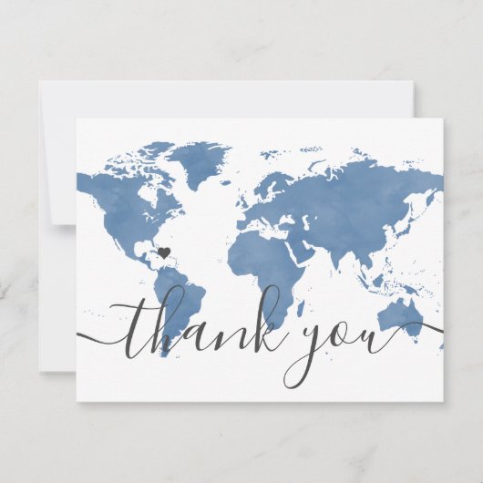ダスティブルーワールドの地図とビーチ結婚式写真 サンキューカード (正面)