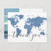 ダスティブルーワールドの地図とビーチ結婚式写真 サンキューカード (正面/裏面)