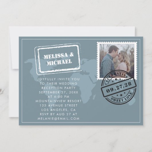 ダスティブルーワールドマップデスティネーションウェディング披露宴 招待状 (正面)