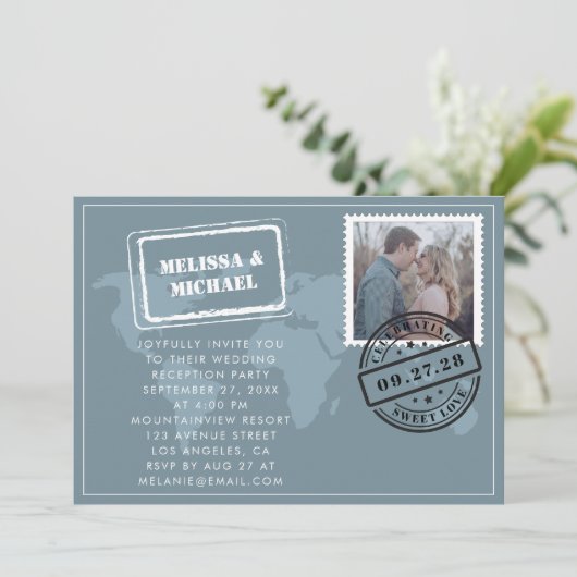 ダスティブルーワールドマップデスティネーションウェディング披露宴 招待状 (スタンド正面)