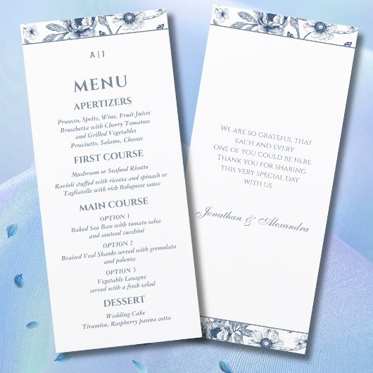 ダスティブルーヴィンテージフランスのフローラ結婚のメニュー メニュー