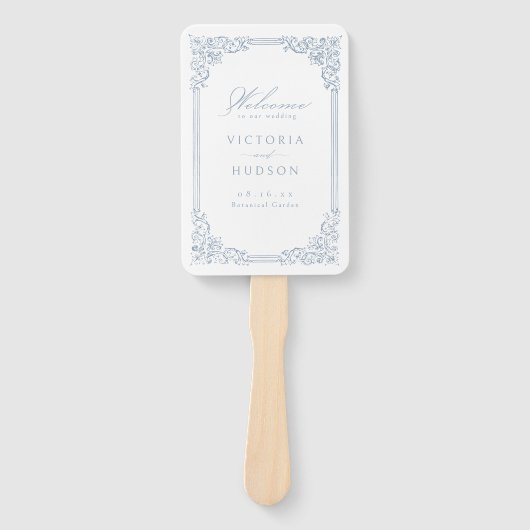 ダスティブルーヴィンテージフレームエレガントなウェディングプログラム ハンドファン (正面)