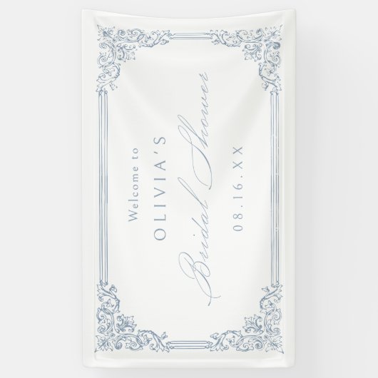 ダスティブルーヴィンテージフレームエレガントブライダルシャワー 横断幕 (縦)