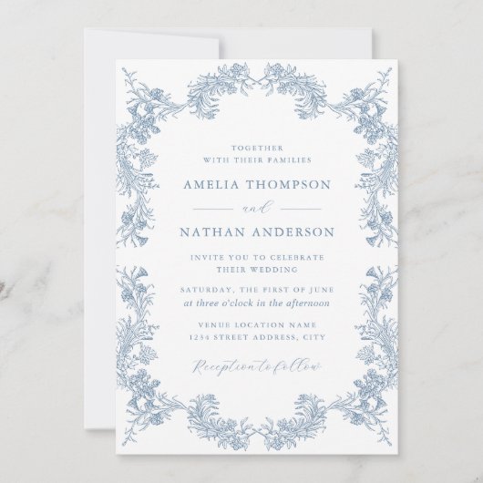 ダスティブルーヴィンテージフローラエレガントウェディング 招待状 (正面)