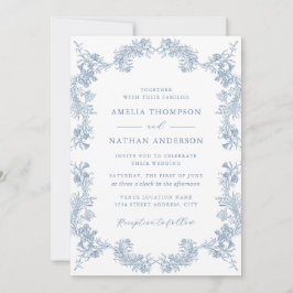 ダスティブルーヴィンテージフローラエレガントウェディング 招待状