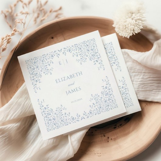 ダスティブルーヴィンテージフローララインアートフレー結婚ム スタンダードカクテルナプキン