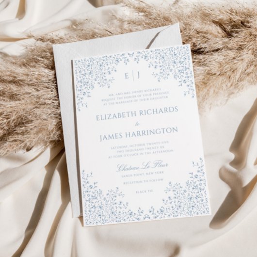 ダスティブルーヴィンテージフローララインアートフレー結婚ム 招待状