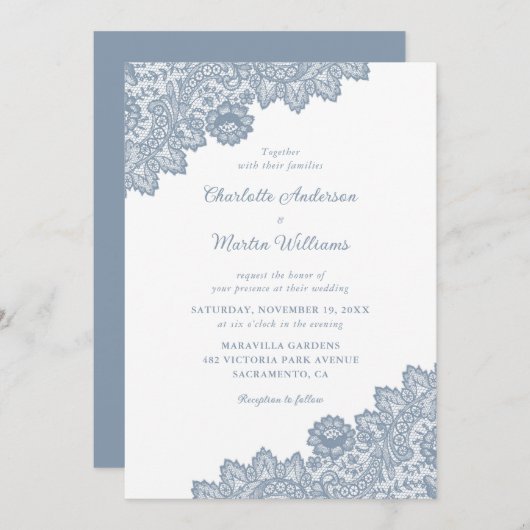 ダスティブルーヴィンテージフローラレース結婚式招待状 招待状 (正面/裏面)