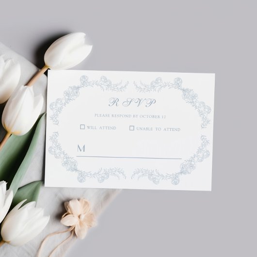 ダスティブルーヴィンテージフローラロマン結婚ティック 出欠カード