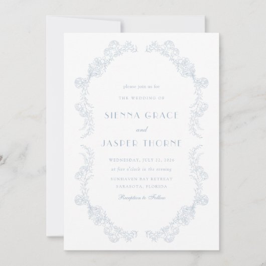 ダスティブルーヴィンテージフローラロマン結婚ティック 招待状 (正面)