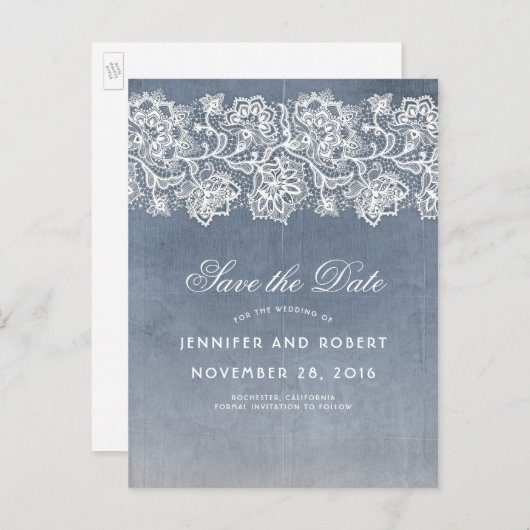 ダスティブルーヴィンテージレース日付の保存 案内ポストカード (正面/裏面)