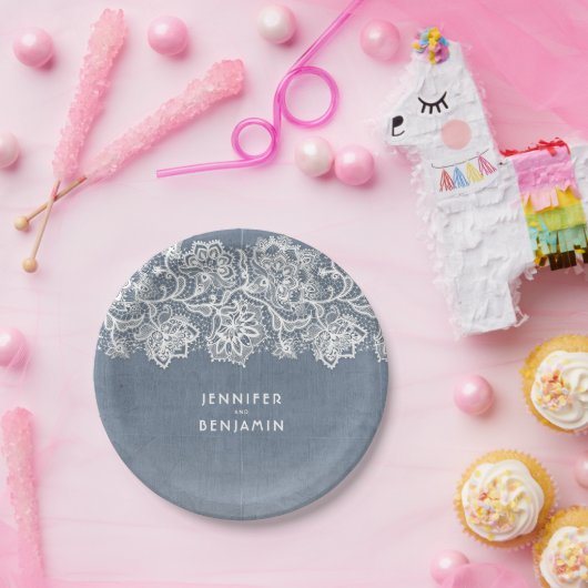 ダスティブルーヴィンテージレース結婚ズ ペーパープレート (パーティー)