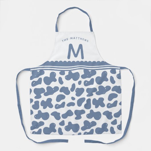 ダスティブルー名前をカスタムする&モノグラムカウパターン エプロン (正面)