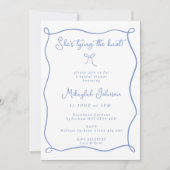 ダスティブルー彼女は結び目の弓ブライダルシャワー 招待状 (正面)