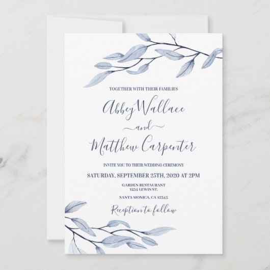 ダスティブルー植物結婚式招待状 招待状 (正面)