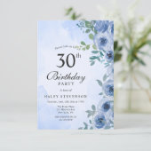 ダスティブルー水彩フラワーチックな30歳の誕生日 招待状 (スタンド正面)