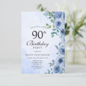 ダスティブルー水彩フラワーチック90歳の誕生日 招待状 (スタンド正面)