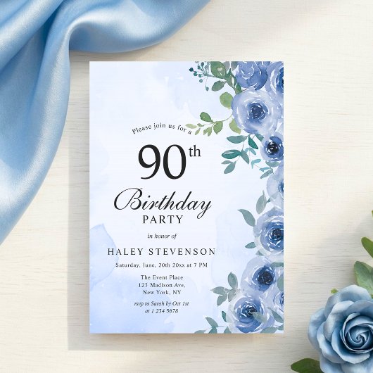 ダスティブルー水彩フラワーチック90歳の誕生日 招待状