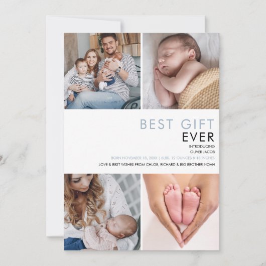 ダスティブルー男の赤ちゃんモダン4フォト誕生 案内状 (正面)