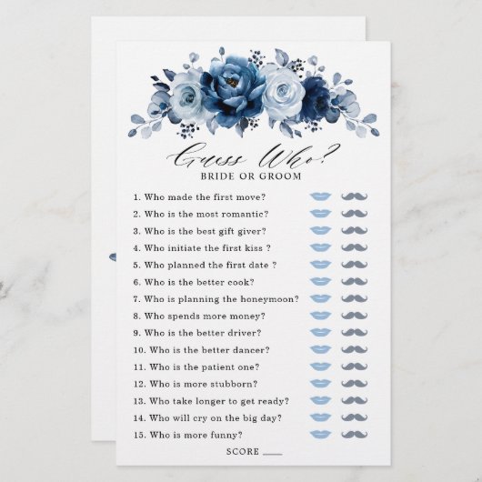 ダスティブルー石板ネイビーフローラブライダルシャワーゲーム (正面/裏面)