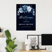 ダスティブルー石板ネイビーフローラブライダルシャワー歓迎 ポスター (ホームオフィス)